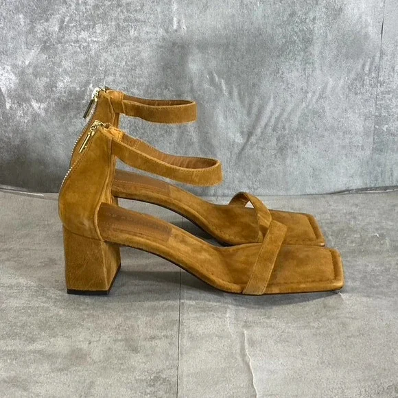 Good American Women's Amber Tan Square-Toe Ankle-Strap Block-Heel Sandals SZ 6 - Picture 1 of 11